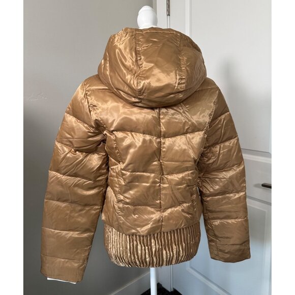Quilted Gold Puff Jacket W/Hood Womens L True Religion Down & Feather Fill - Picture 13 of 16